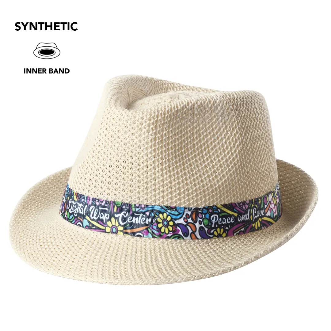 Sombrero fedora de paja beige con banda estampada de flores y texto Peace and Love