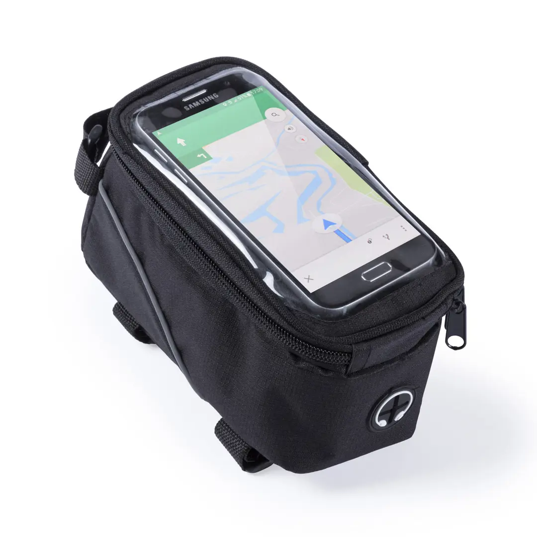 Bolsa negra para bicicleta con funda transparente que muestra un smartphone con aplicación de mapas.