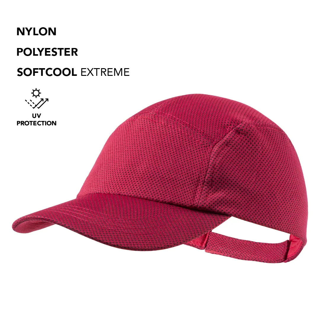 Gorra deportiva roja de nylon y poliéster transpirable con protección UV y cierre ajustable posterior