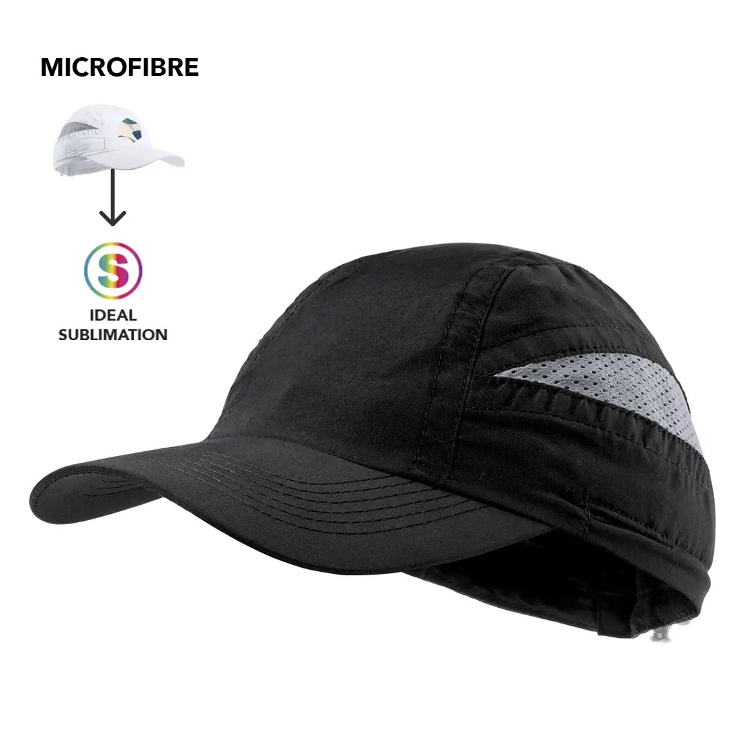 gorra negra de microfibra con paneles de malla transpirables, ideal para sublimación