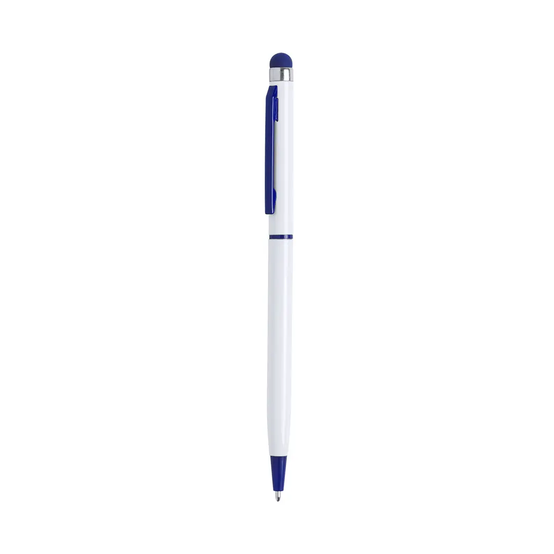bolígrafo blanco con detalles en azul y puntero táctil
