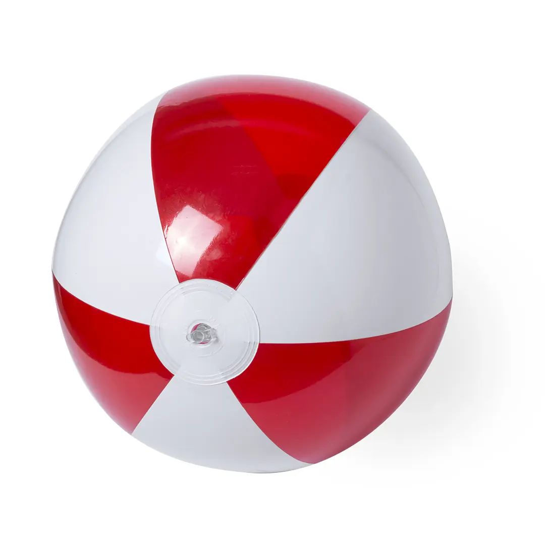 Balón de playa hinchable rojo y blanco con válvula sobre fondo blanco