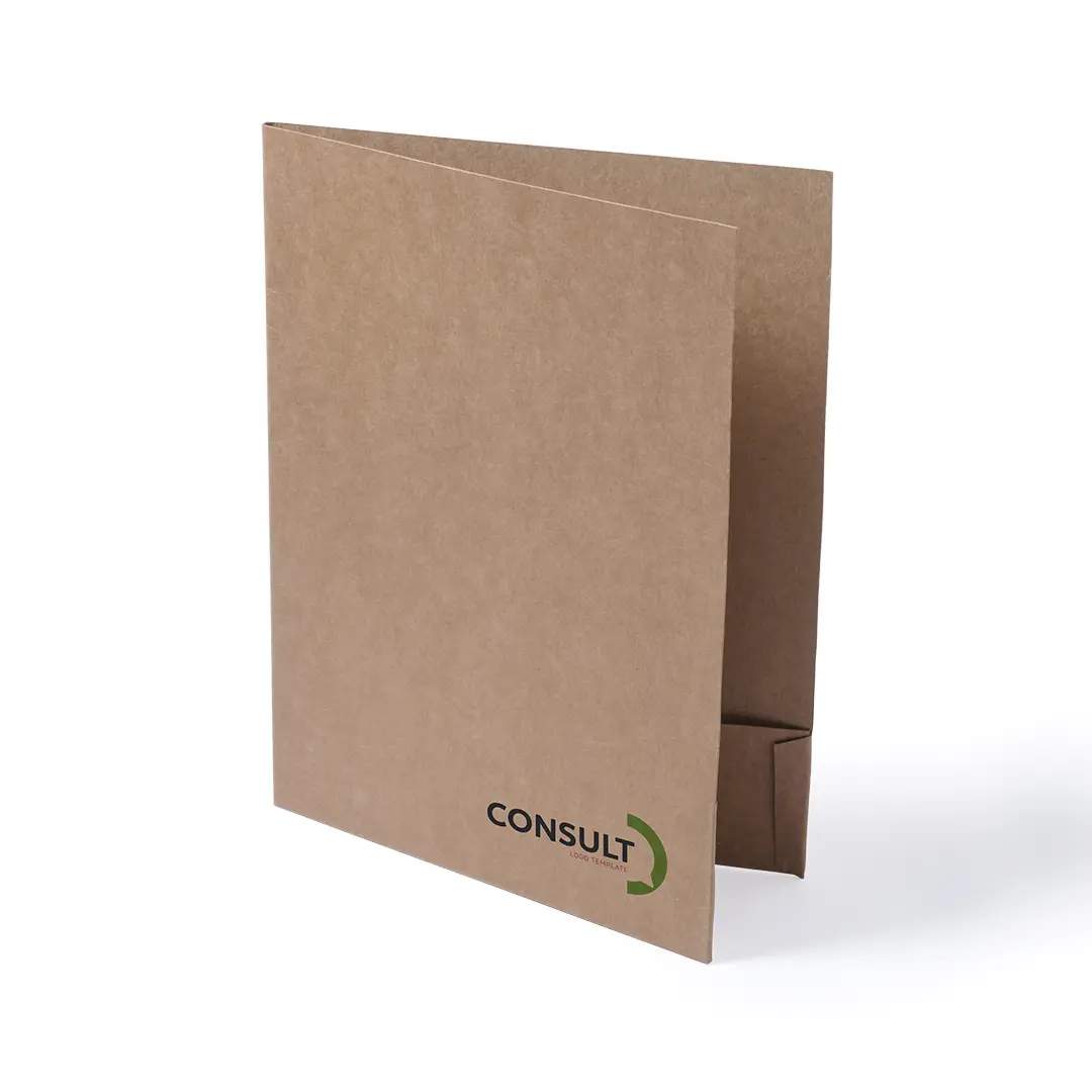 Carpeta de cartón kraft marrón con bolsillo interior y logotipo Consult impreso.