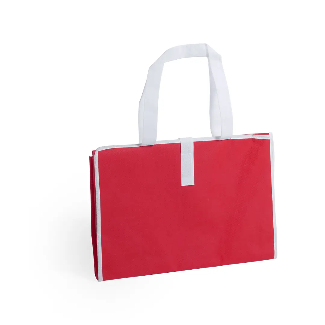 bolsa de tela reutilizable roja con asas blancas sobre fondo neutro