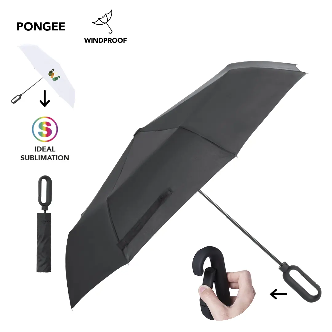 Paraguas plegable negro de tejido pongee resistente al viento con asa ergonómica en forma de gancho