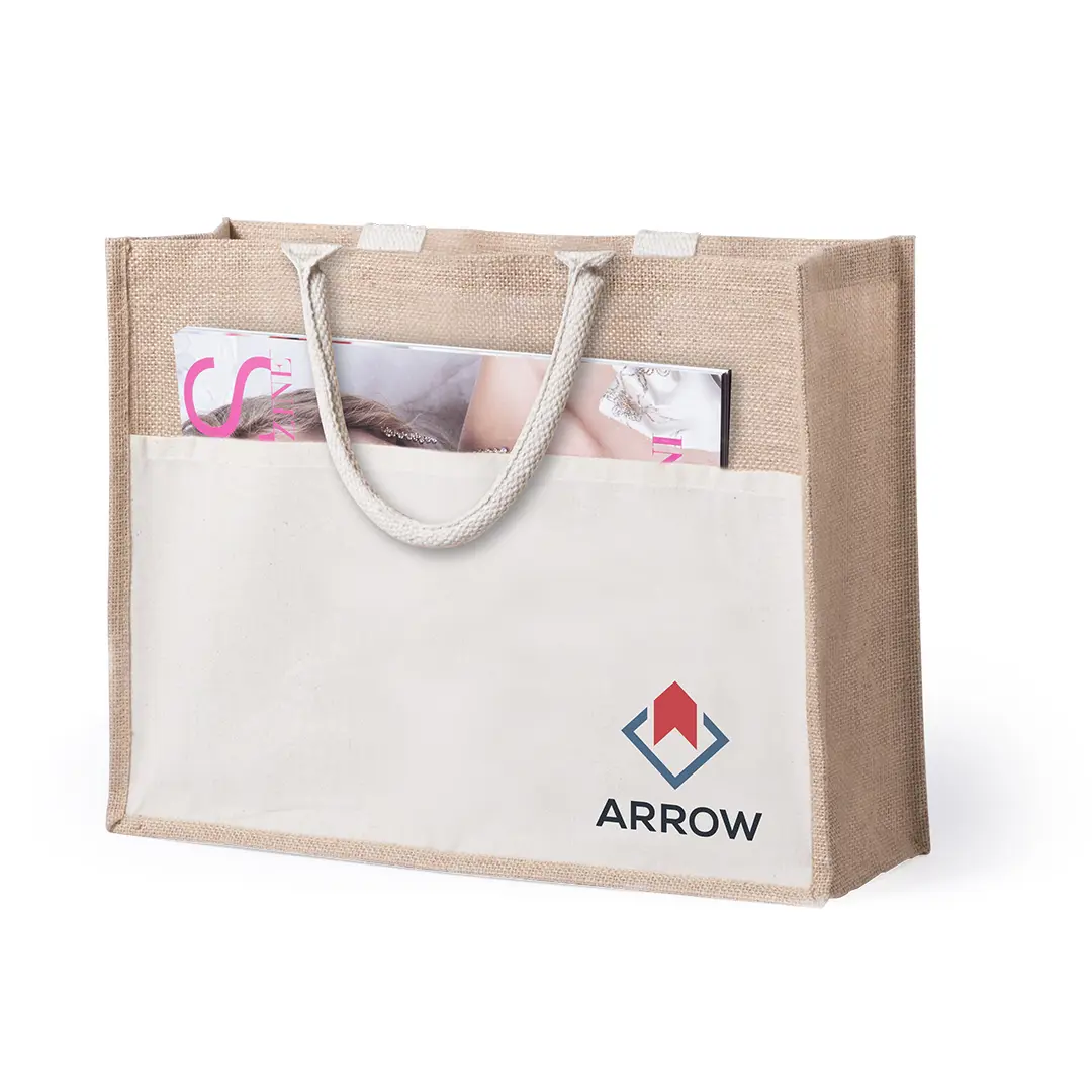 Bolsa de yute y algodón con bolsillo frontal, asas de cuerda, logotipo Arrow y revistas en el interior