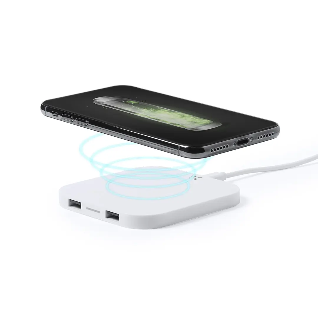 base de carga inalámbrica blanca con dos puertos USB y un smartphone negro en carga por inducción