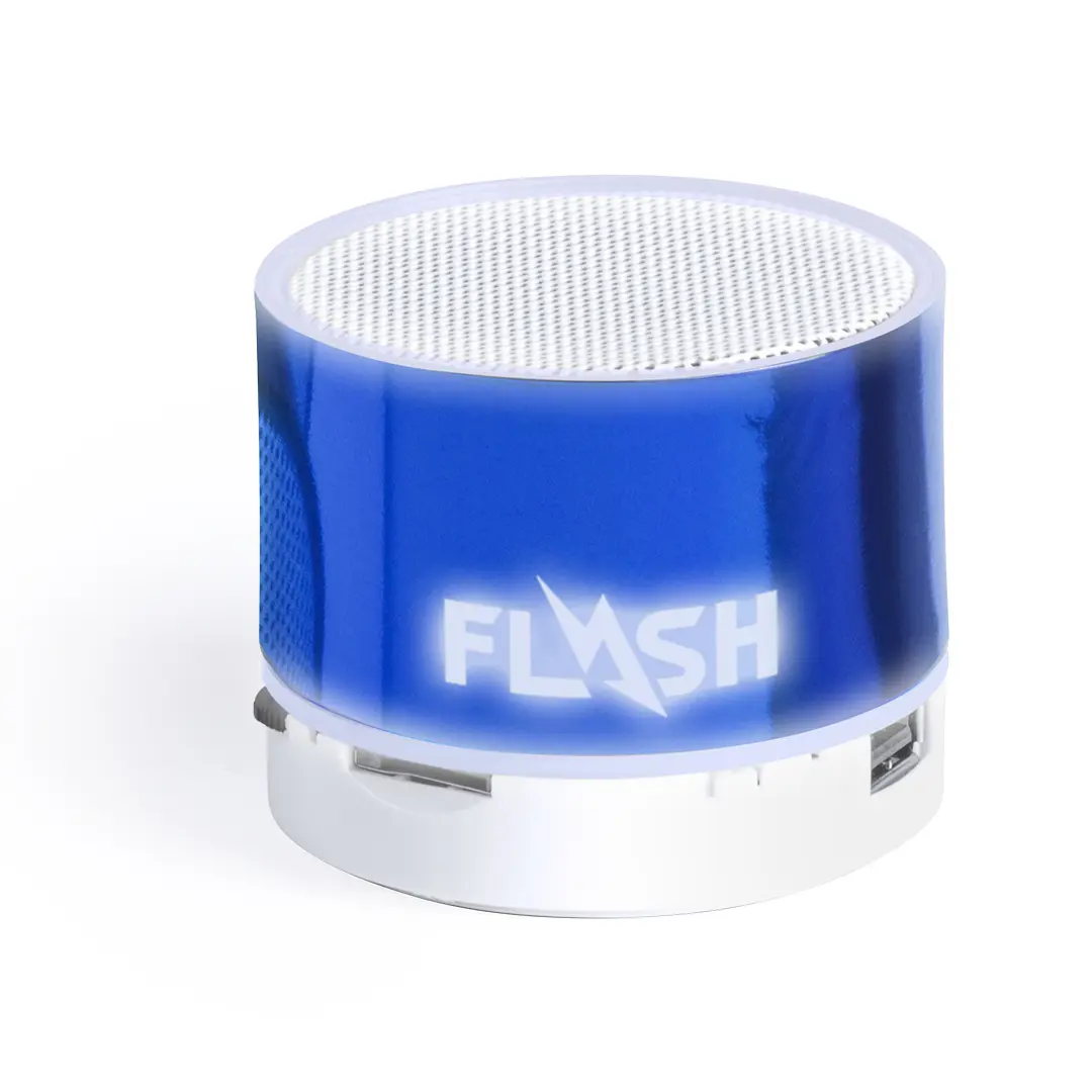 Altavoz portátil Bluetooth cilíndrico azul con base blanca y logo Flash