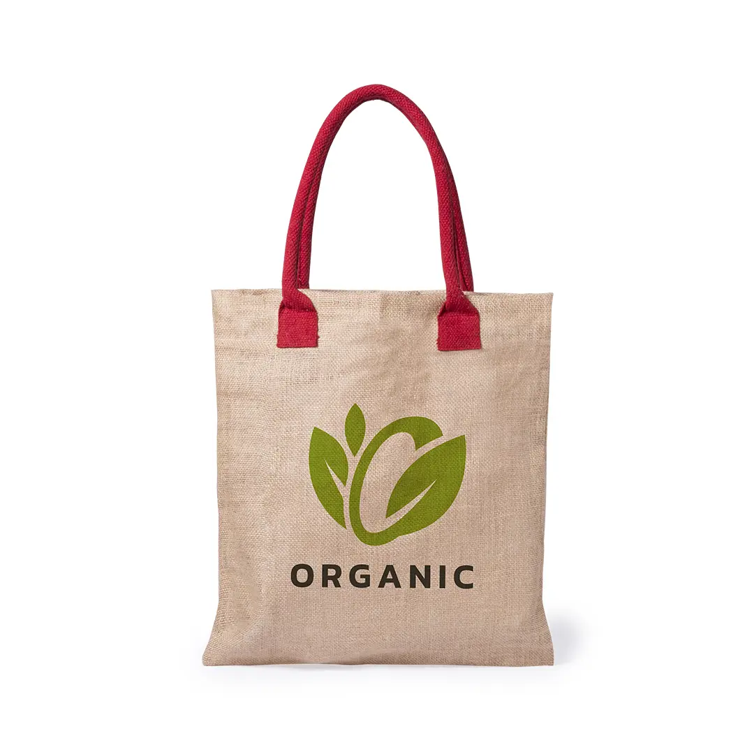 bolsa de yute con asas rojas y logotipo Organic en verde sobre fondo blanco