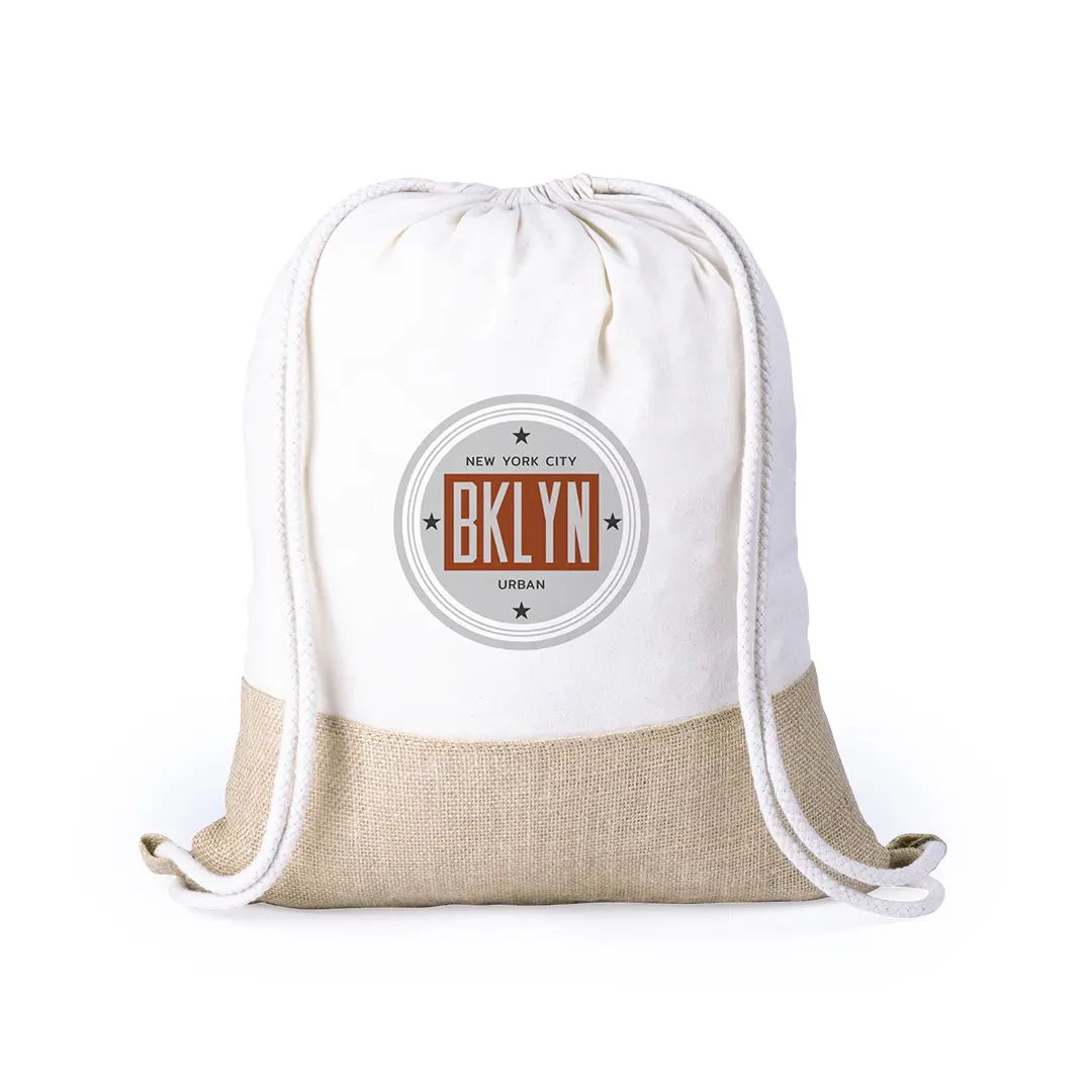 Mochila saco blanca y beige con cordones y logo BKLYN Urban New York City en el centro