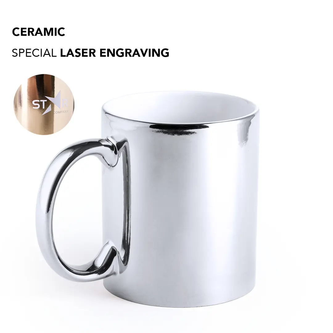 taza cerámica con acabado cromado y grabado láser especial