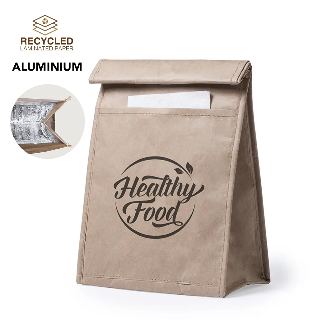 bolsa de papel reciclado laminado con interior de aluminio y texto Healthy Food