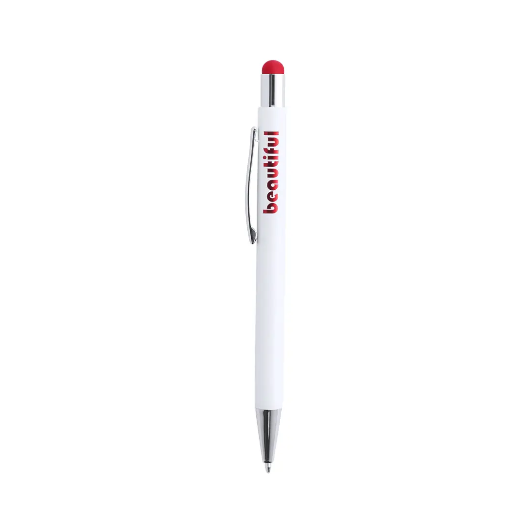 Bolígrafo blanco de metal con clip plateado, puntero táctil rojo y la palabra beautiful impresa en el cuerpo