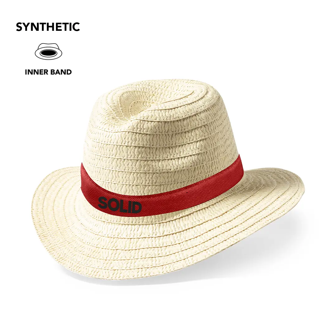 Sombrero de paja beige con ala ancha y cinta roja alrededor de la copa