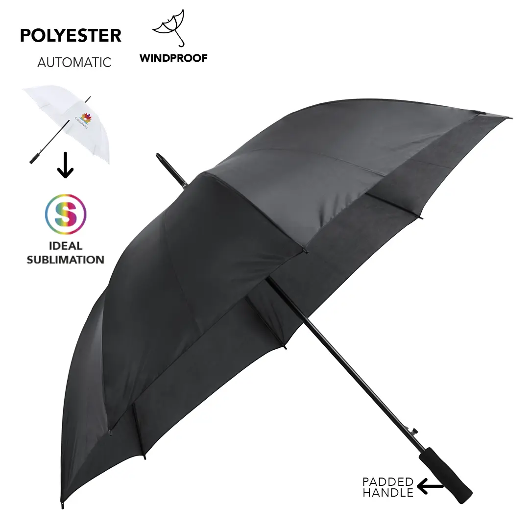 Paraguas automático negro de poliéster resistente al viento con mango acolchado y superficie para sublimación.