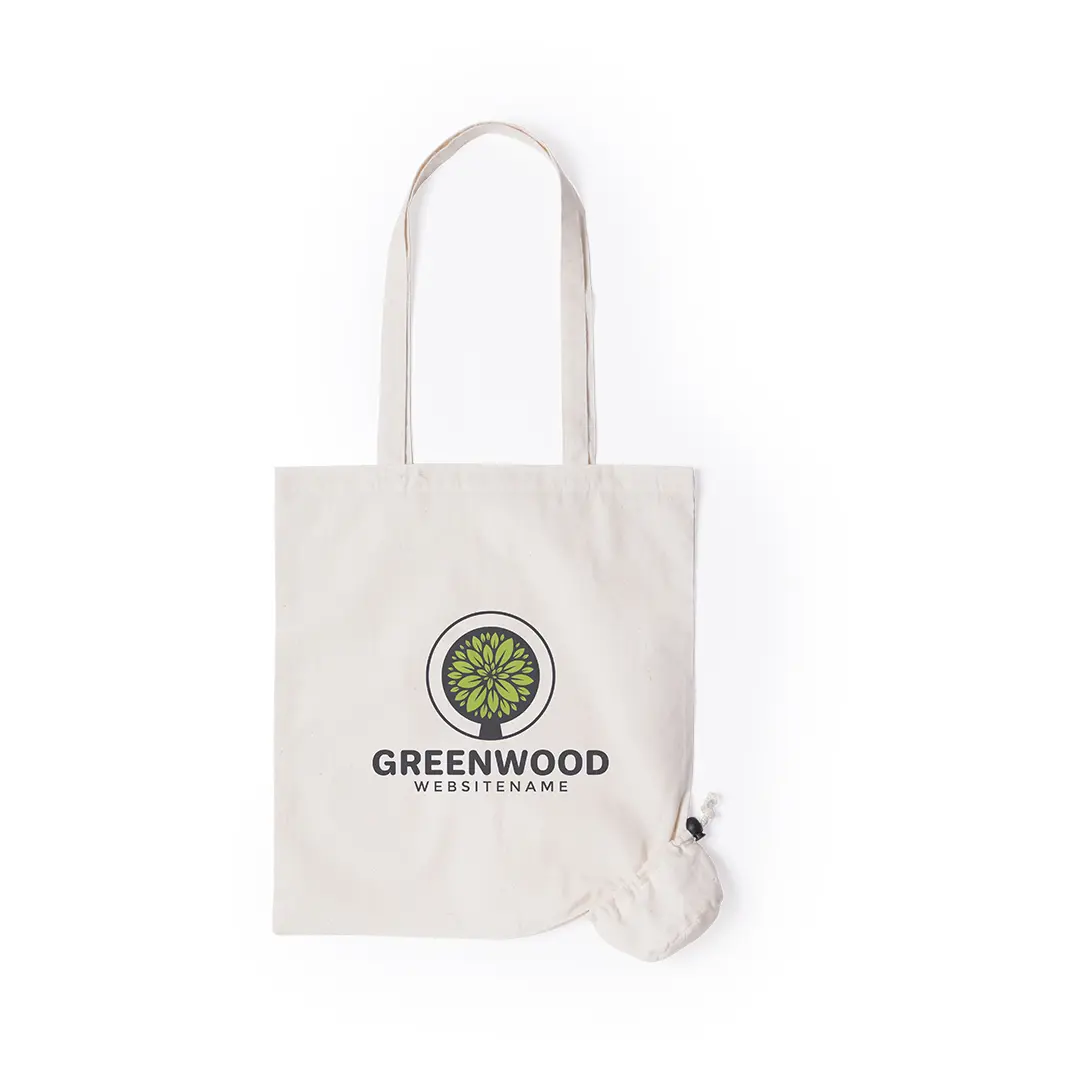 Bolsa de tela plegable color crudo con logo Greenwood y pouch reutilizable incorporado