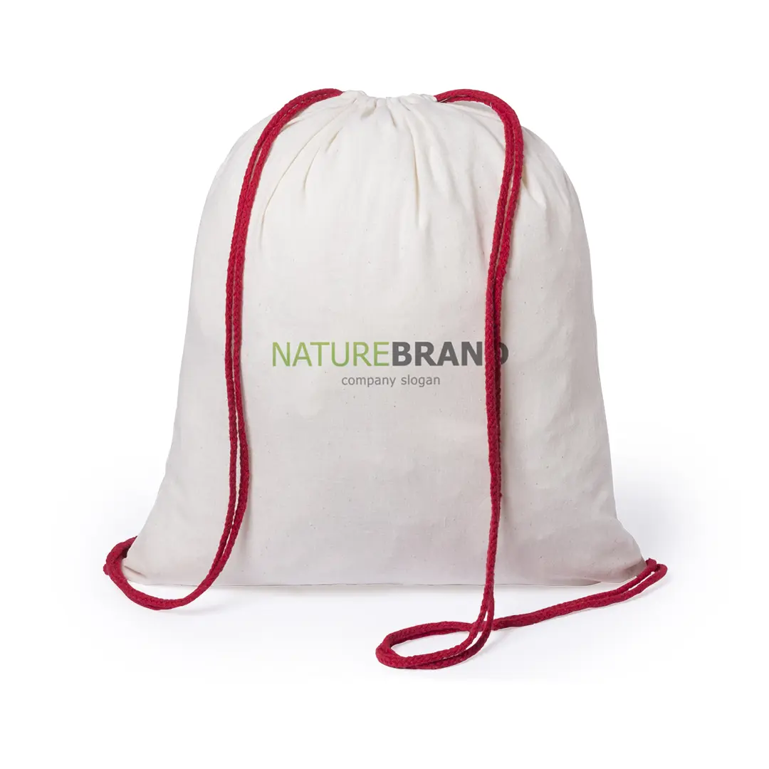 Mochila saco de algodón blanca con cordones rojos y logo NatureBrand