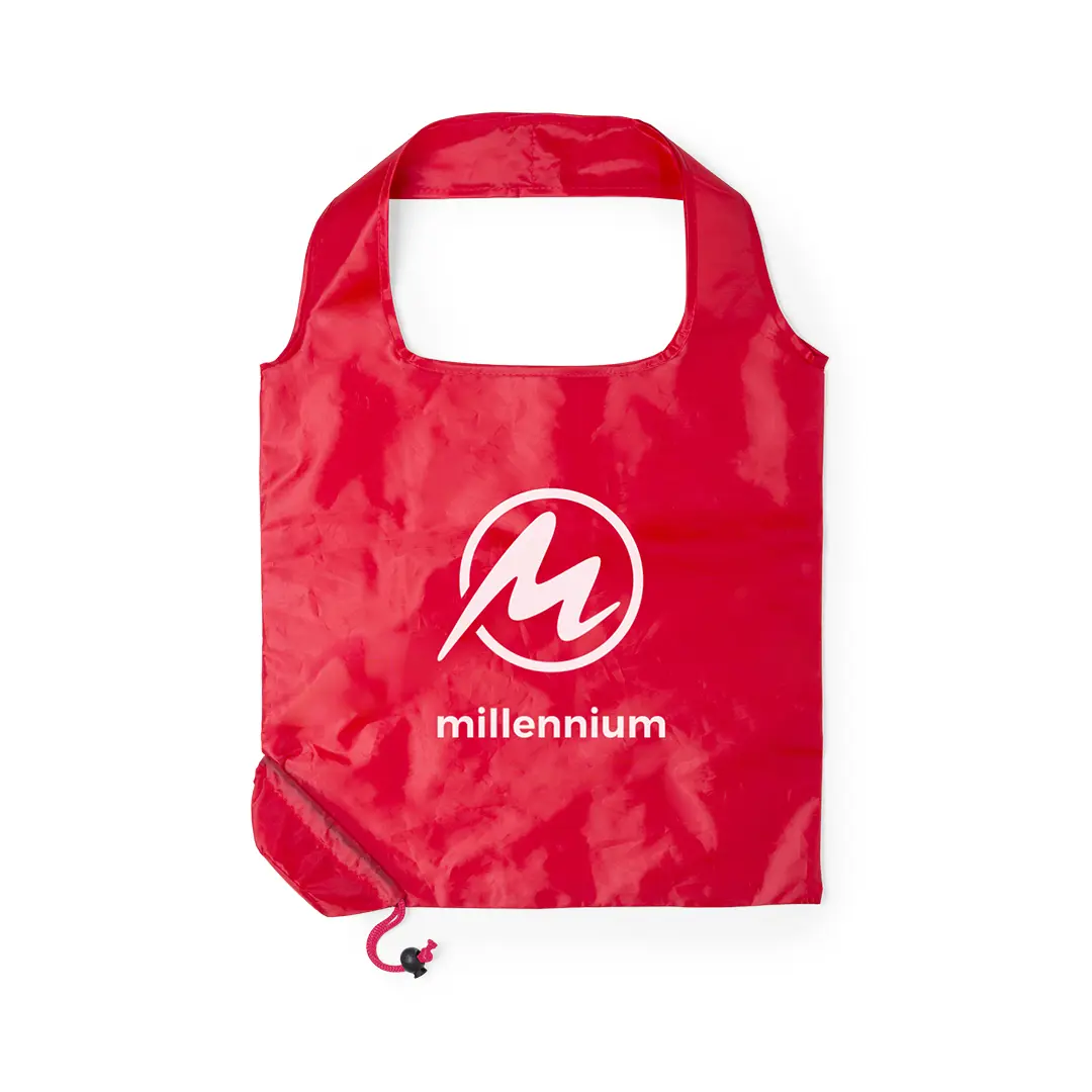 bolsa plegable reutilizable roja con logo blanco millennium en fondo blanco