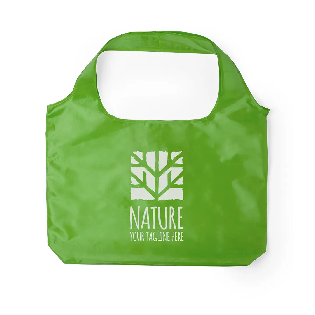 Bolsa reutilizable verde con logotipo de un árbol y texto Nature Your Tagline Here