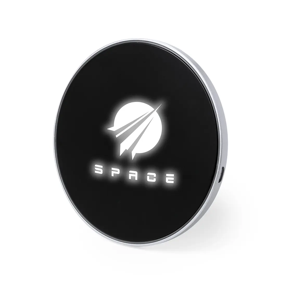 Cargador inalámbrico circular negro con logotipo Space y silueta de nave espacial blanca