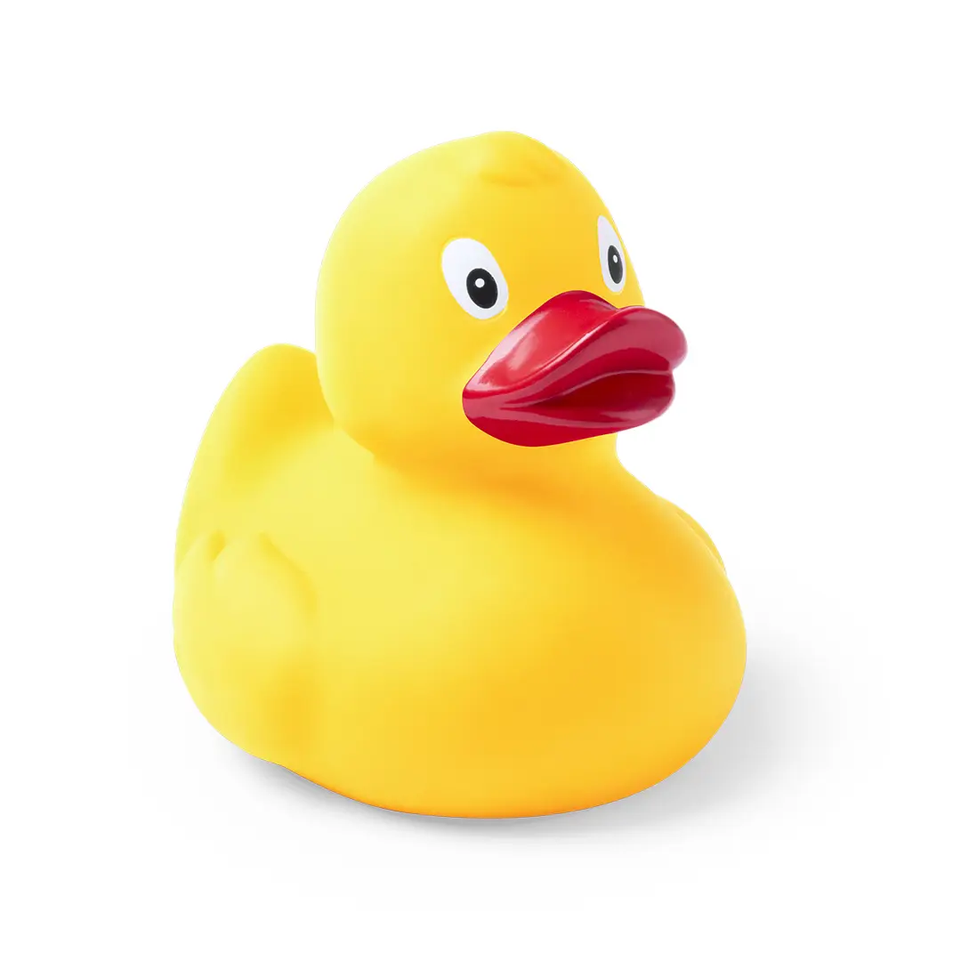 patito de goma amarillo con pico rojo como juguete de baño sobre fondo blanco