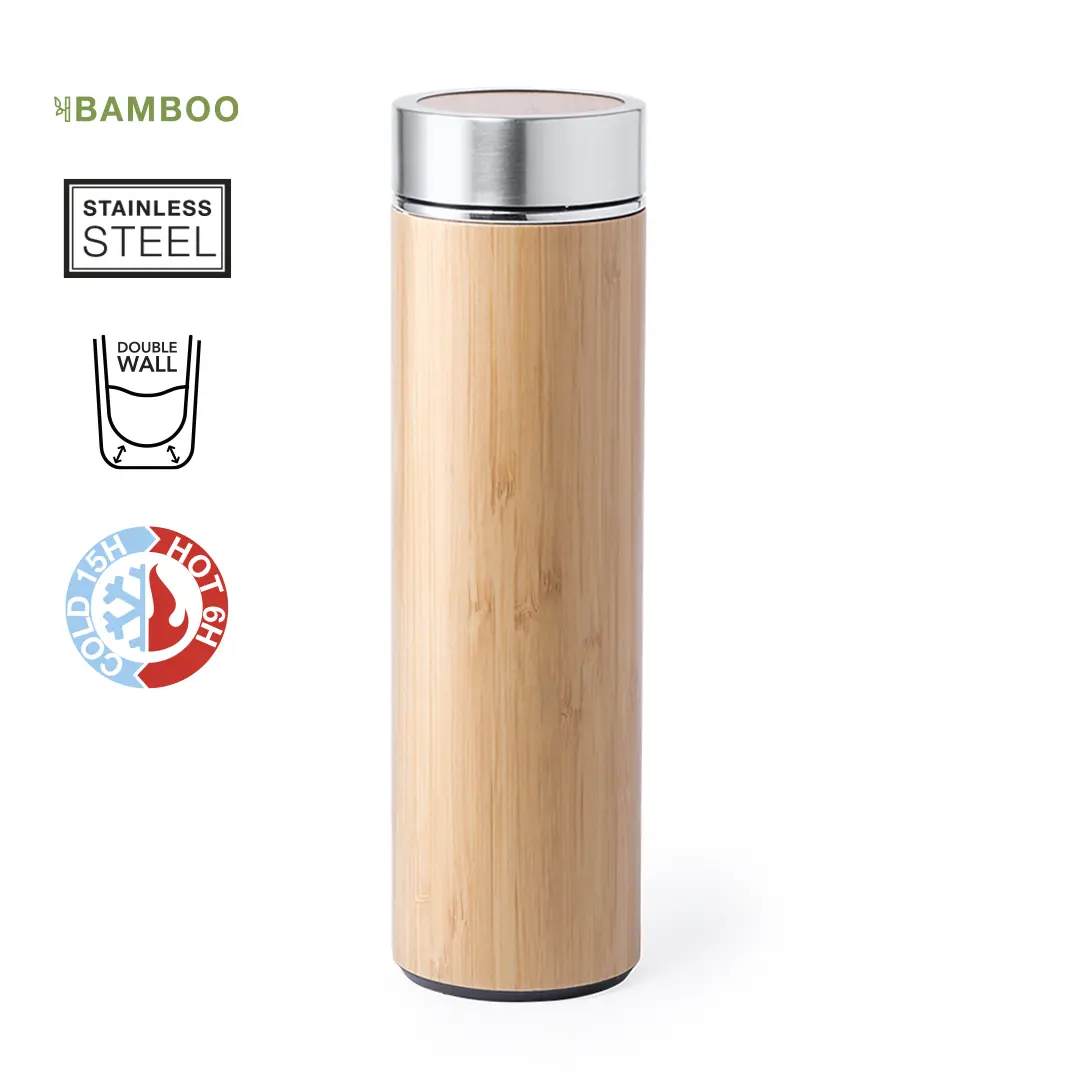 Botella térmica de acero inoxidable con revestimiento de bambú y doble pared aislante