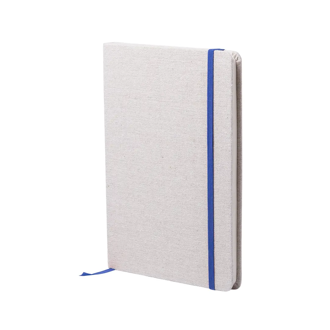 Cuaderno de tapa de lienzo beige con banda elástica y cinta marcadora azul
