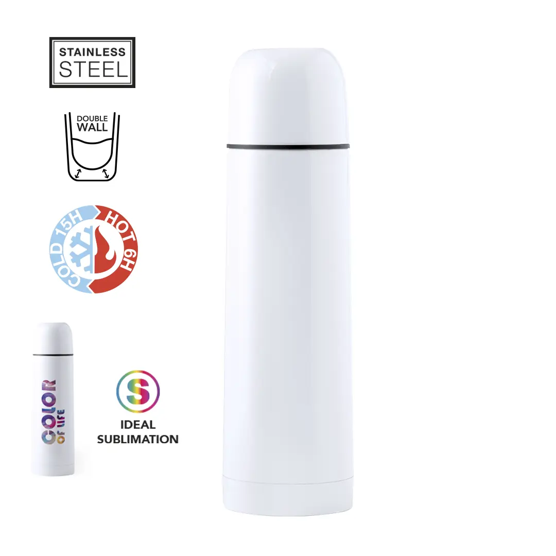 termo blanco de acero inoxidable de doble pared con tapa roscada
