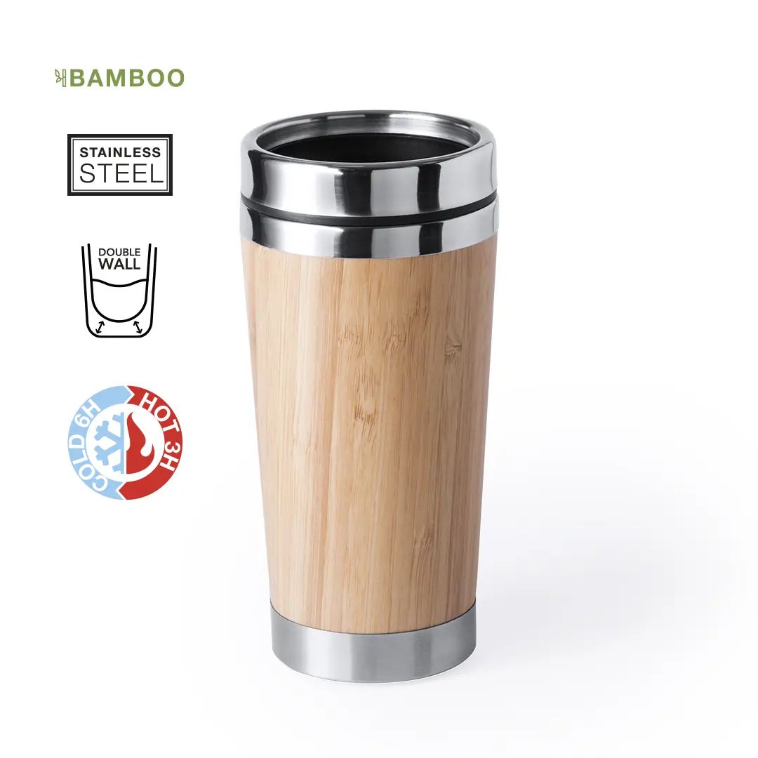 Vaso termo de acero inoxidable con exterior de bambú y doble pared que mantiene bebidas calientes y frías.