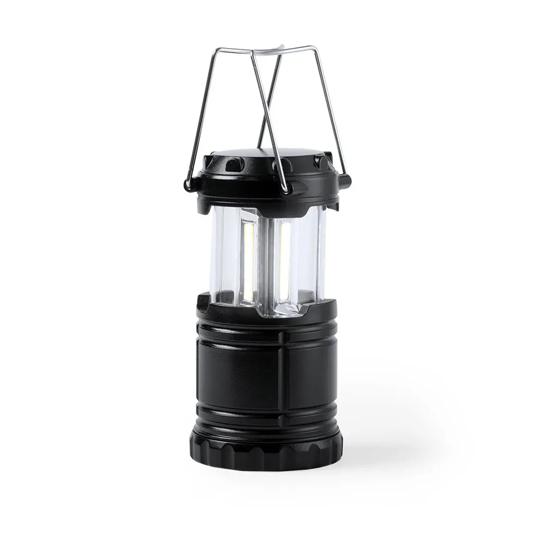 linterna portátil de camping plegable con cuerpo negro y asa metálica