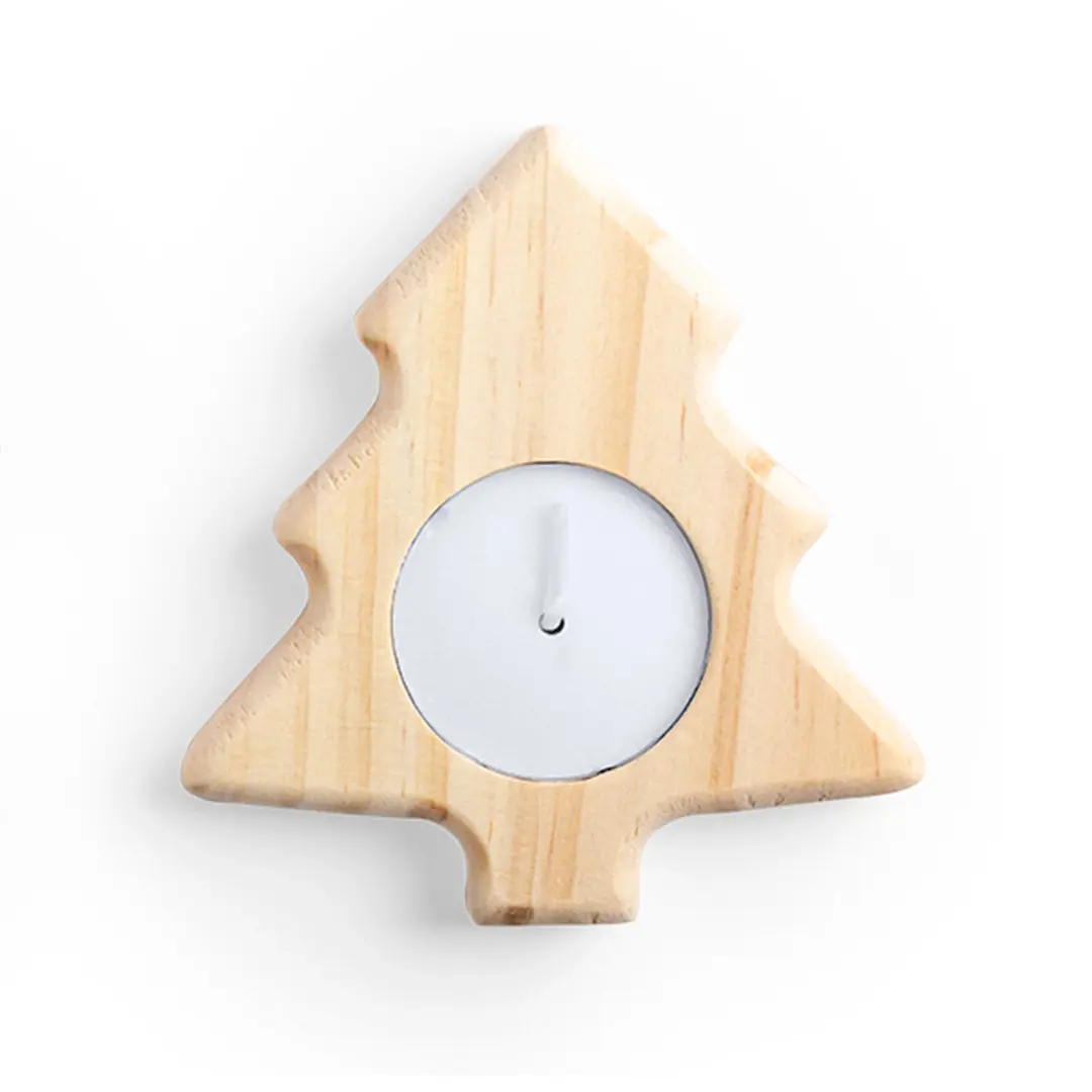 Portavelas de madera con forma de árbol de Navidad y vela de té blanca