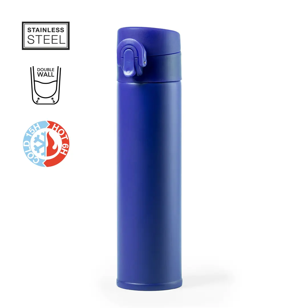 Botella térmica azul de acero inoxidable de doble pared con cierre abatible