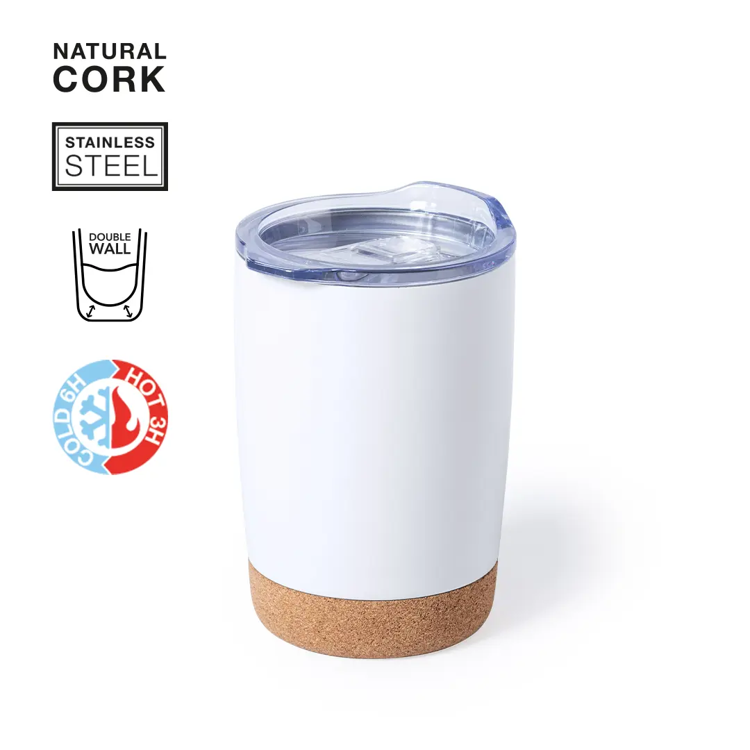 Vaso térmico de acero inoxidable blanco con base de corcho y tapa transparente