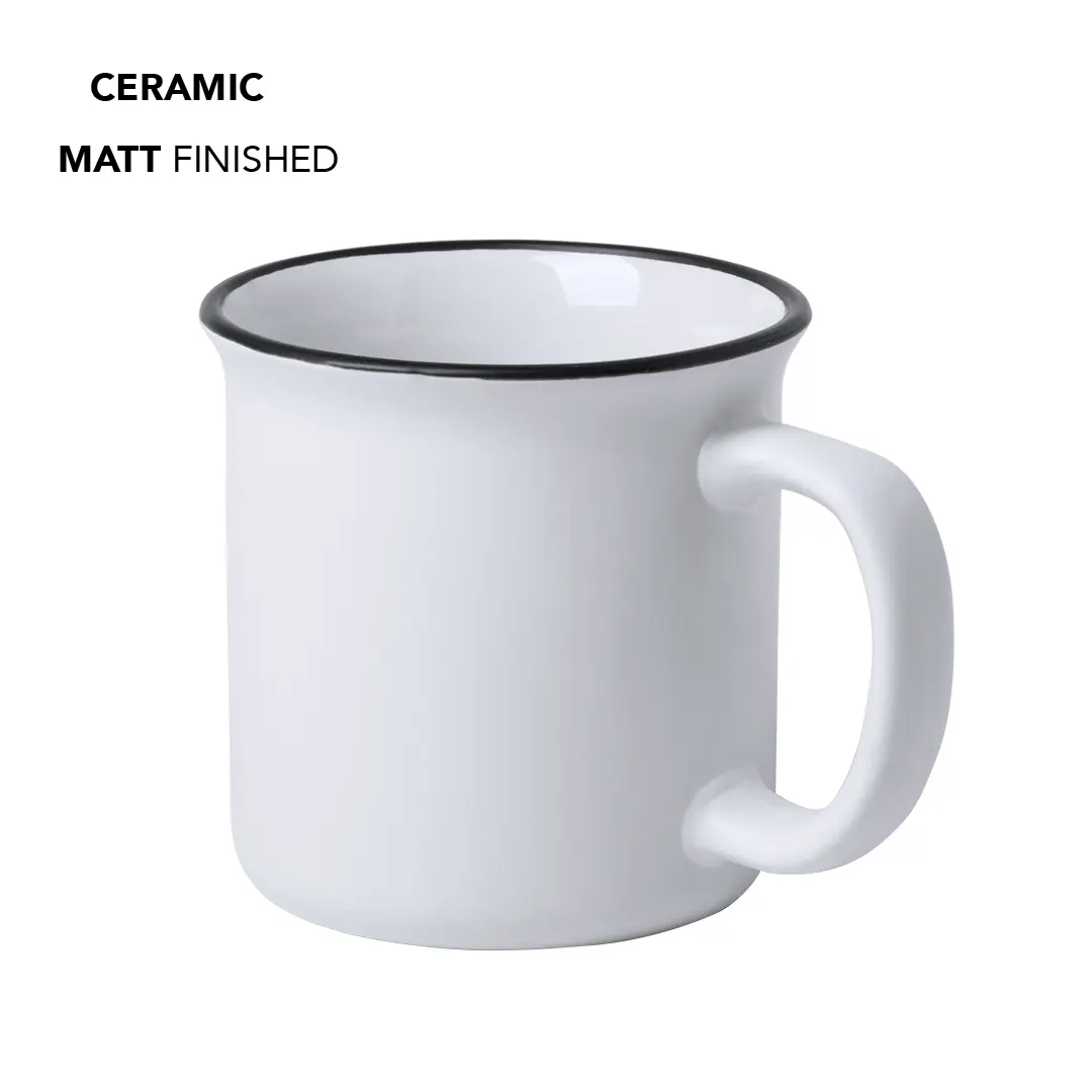 Taza de cerámica blanca con borde negro y acabado mate.