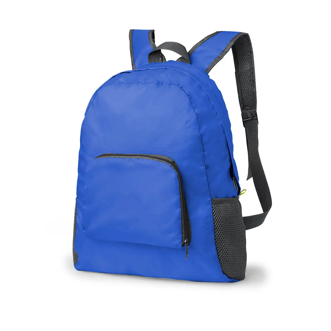 mochila plegable azul con bolsillo frontal y correas acolchadas