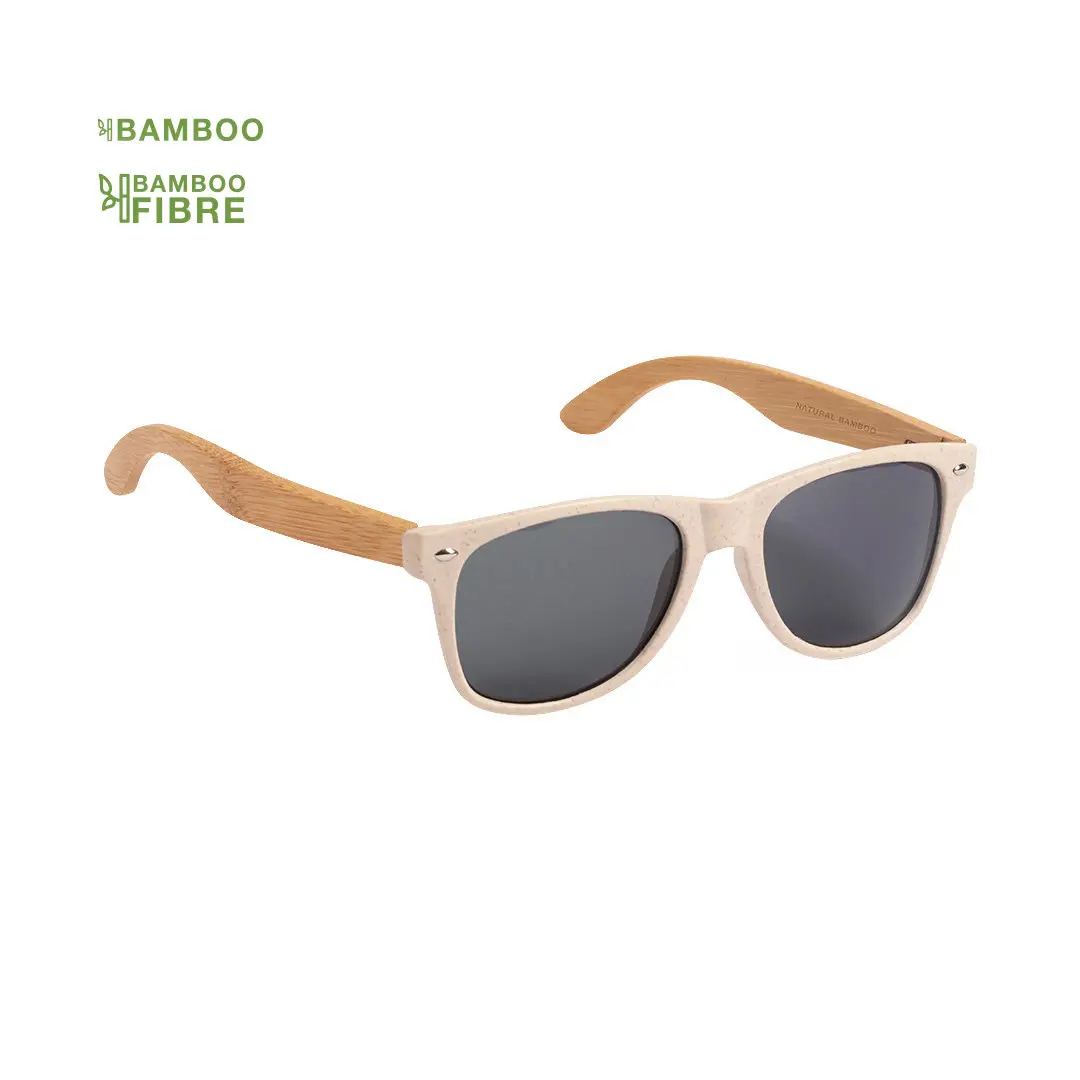 gafas de sol con montura de fibra de bambú en tono claro y patillas de madera natural con lentes oscuras