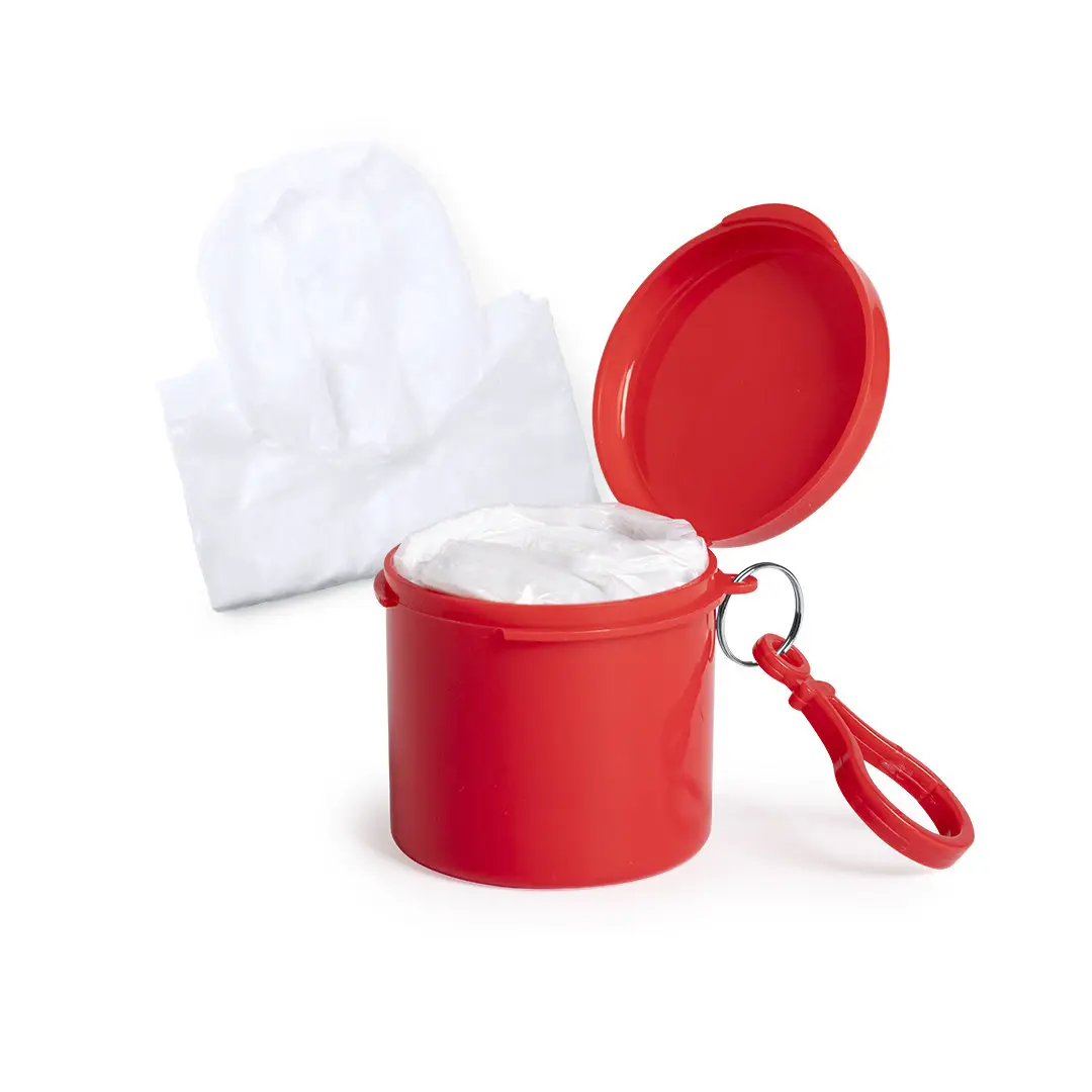 dispensador rojo con llavero que contiene rollo de bolsas higiénicas para perros