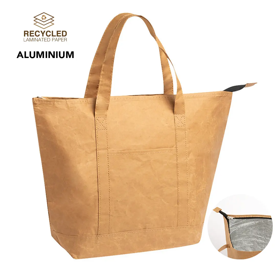 Bolsa isotérmica de papel laminado reciclado en tono marrón con interior de aluminio y asas superiores