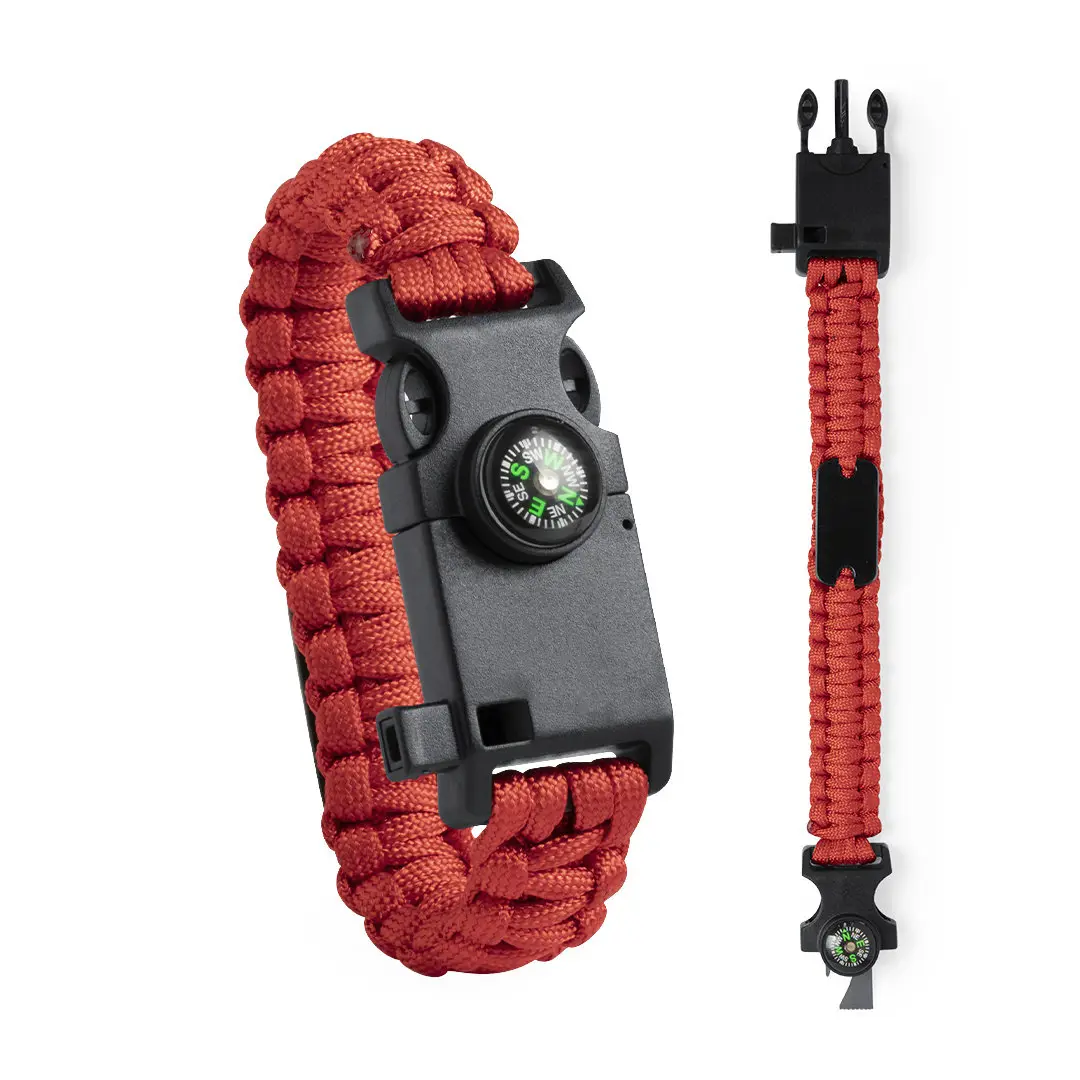 Pulsera de supervivencia de paracord roja con hebilla multifunción, brújula y silbato