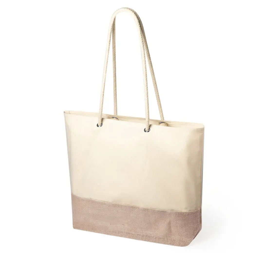 bolso tote de lona crema con base de yute y asas de cuerda
