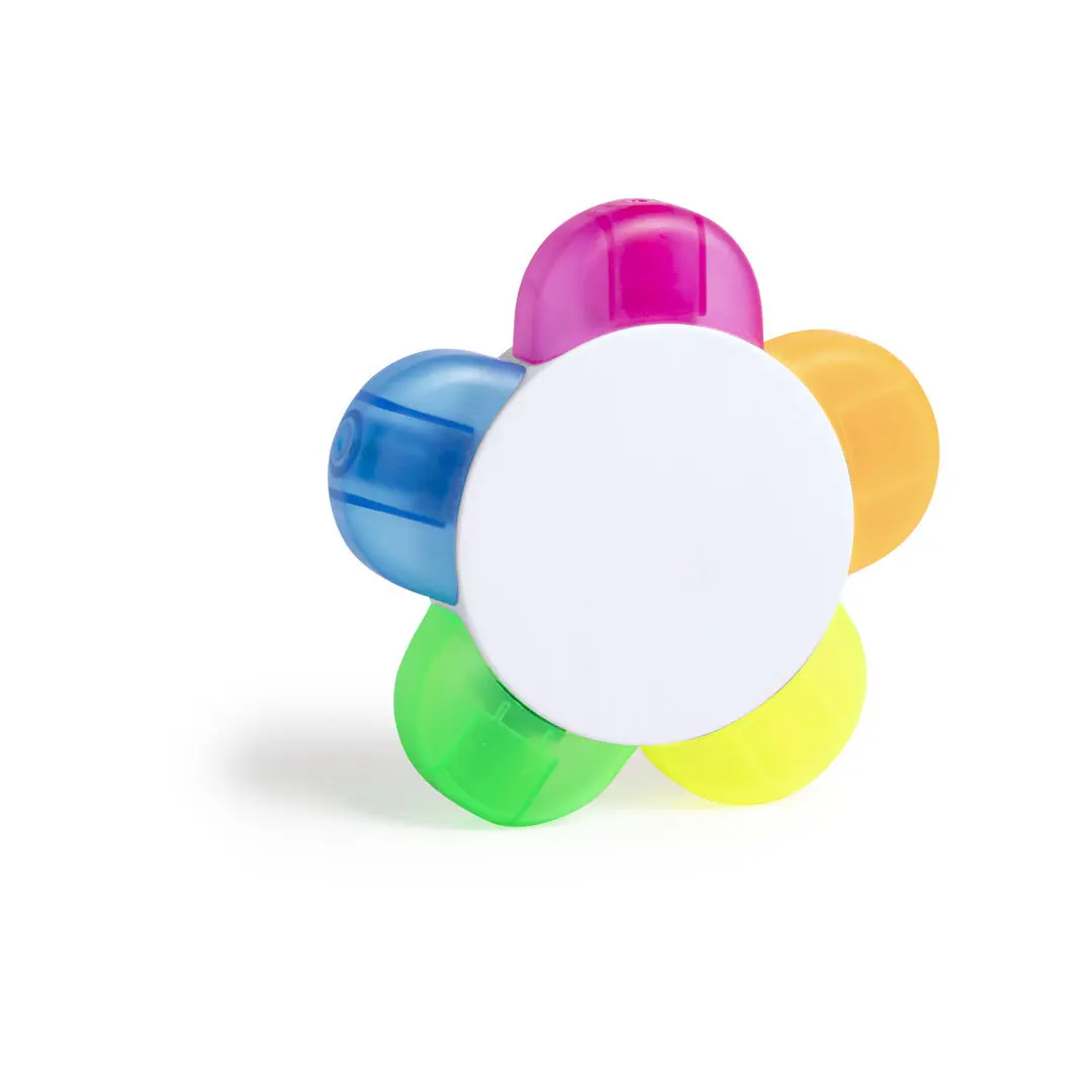 Rotulador en forma de flor con cinco puntas fluorescentes de colores sobre fondo blanco