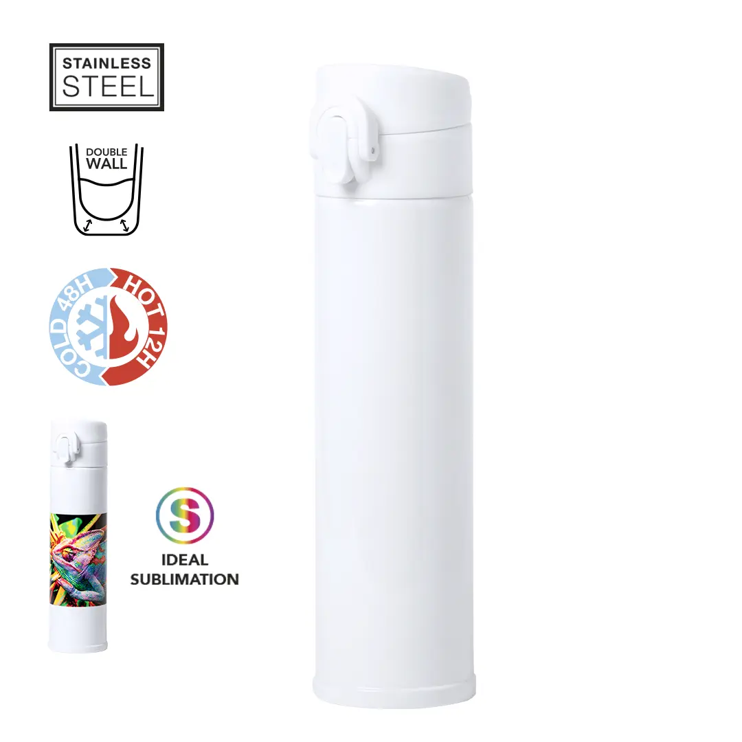Botella térmica de acero inoxidable blanca con tapa abatible y aislamiento de doble pared.