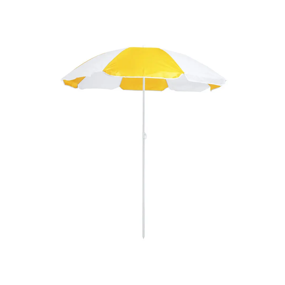 Parasol de playa con tela a rayas amarillas y blancas y mástil blanco.