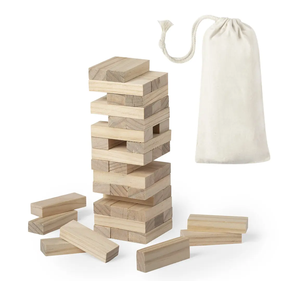 juego de torre de bloques de madera apilables con piezas sueltas y bolsa de tela