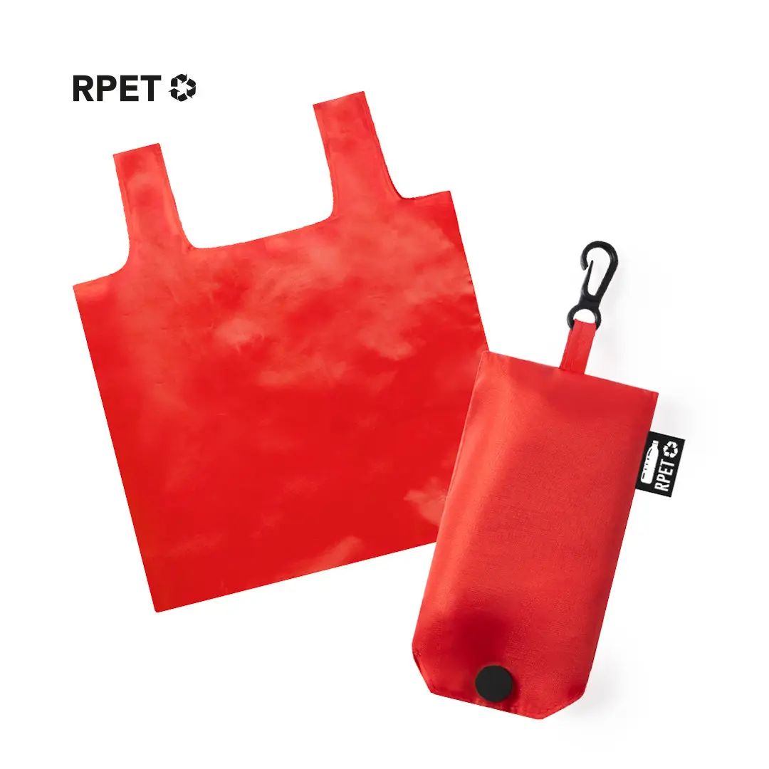 Bolsa reutilizable roja de rPET plegable con funda y mosquetón