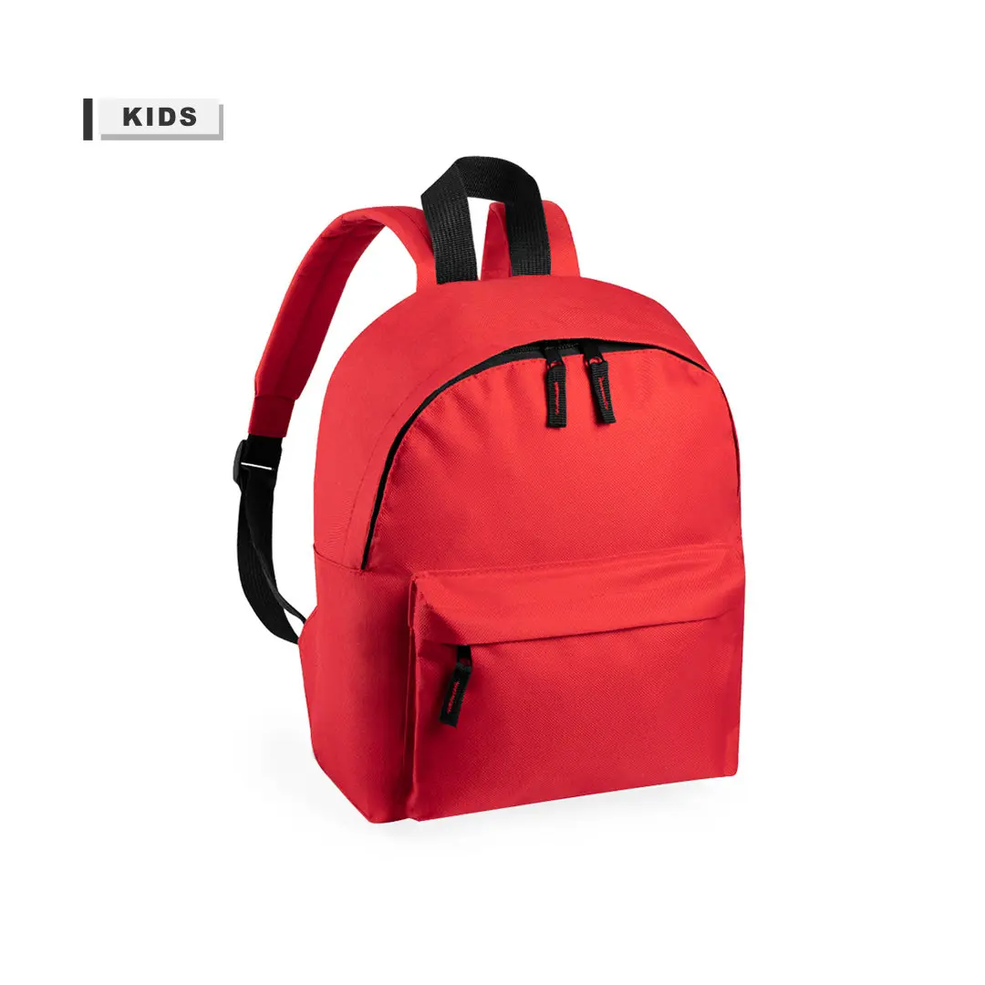 Mochila escolar infantil roja con bolsillo frontal y tirantes ajustables
