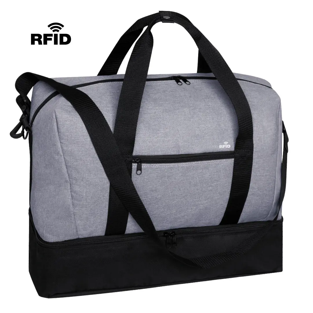 bolsa de fin de semana gris con base negra, doble compartimento y protección RFID