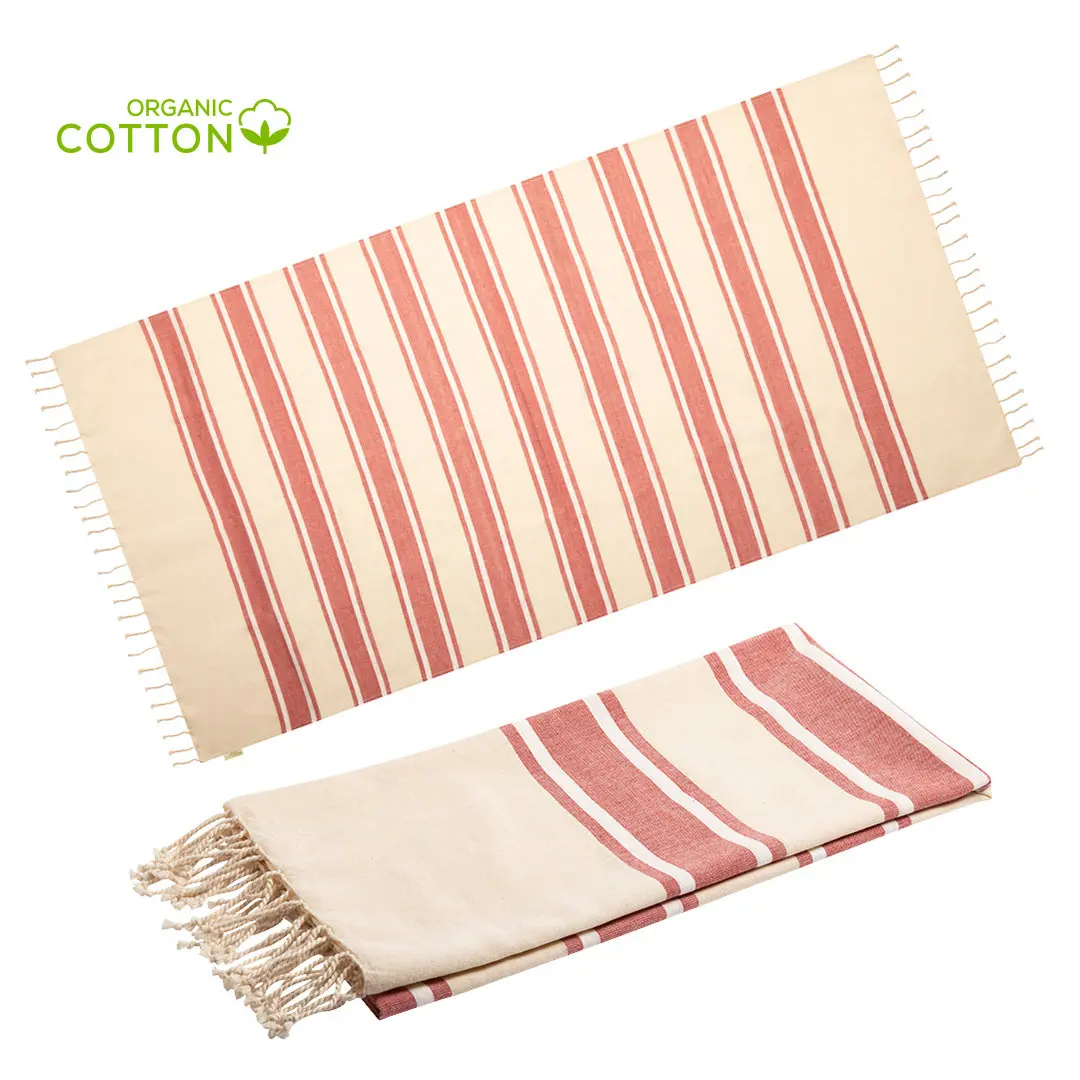 toalla de algodón orgánico color crema con franjas rojas y flecos