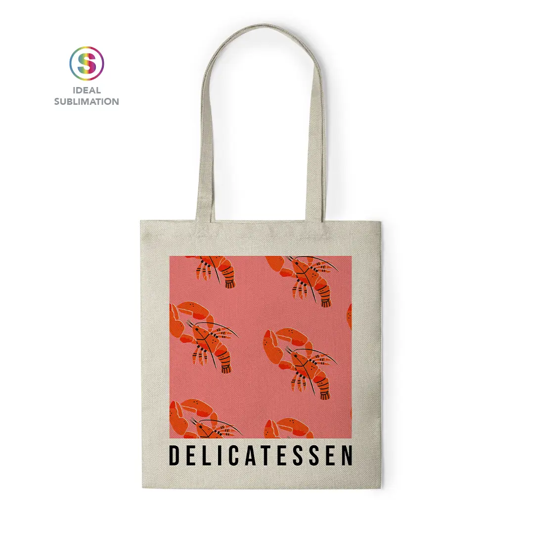 Bolsa de tela con estampado de langostinos sobre fondo rosa y la palabra Delicatessen debajo.
