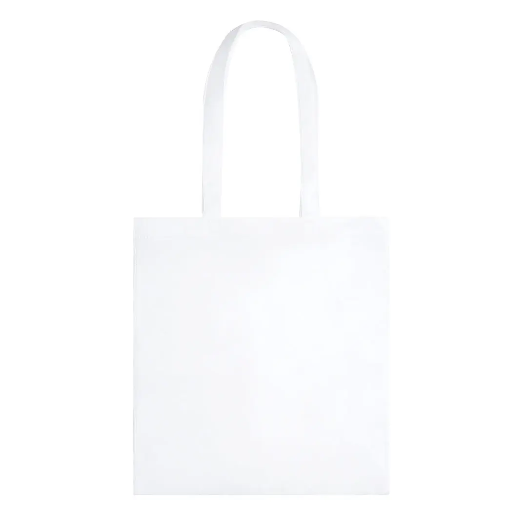 Bolsa tote de algodón blanca con asas largas sobre fondo blanco.